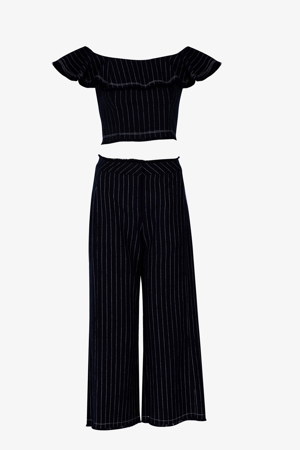 Pinstripe Off-the-Shoulder Crop Top & Wide-Leg Pants Set