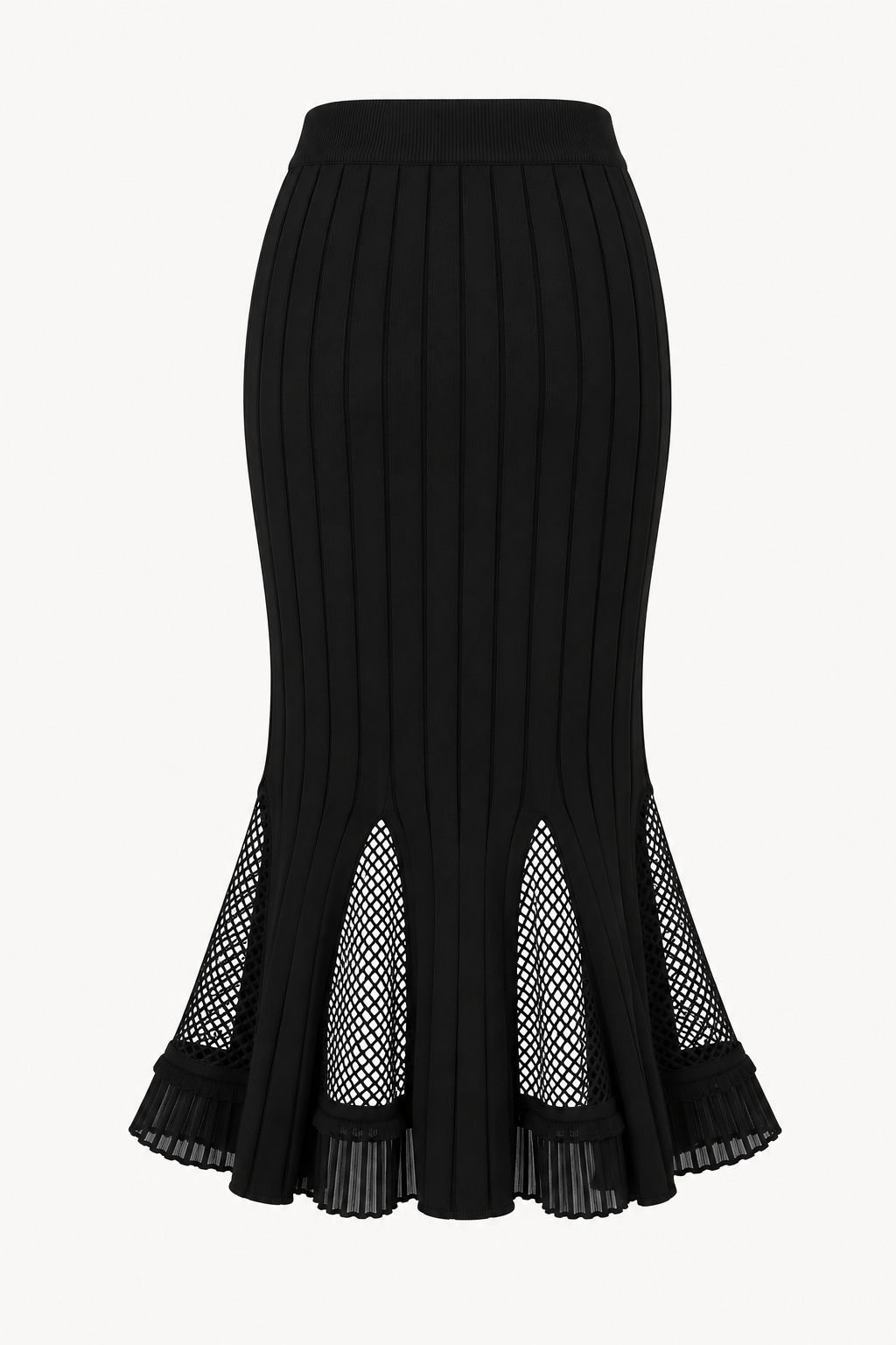Ribbed Knit Mesh-Panel Trumpet Skirt