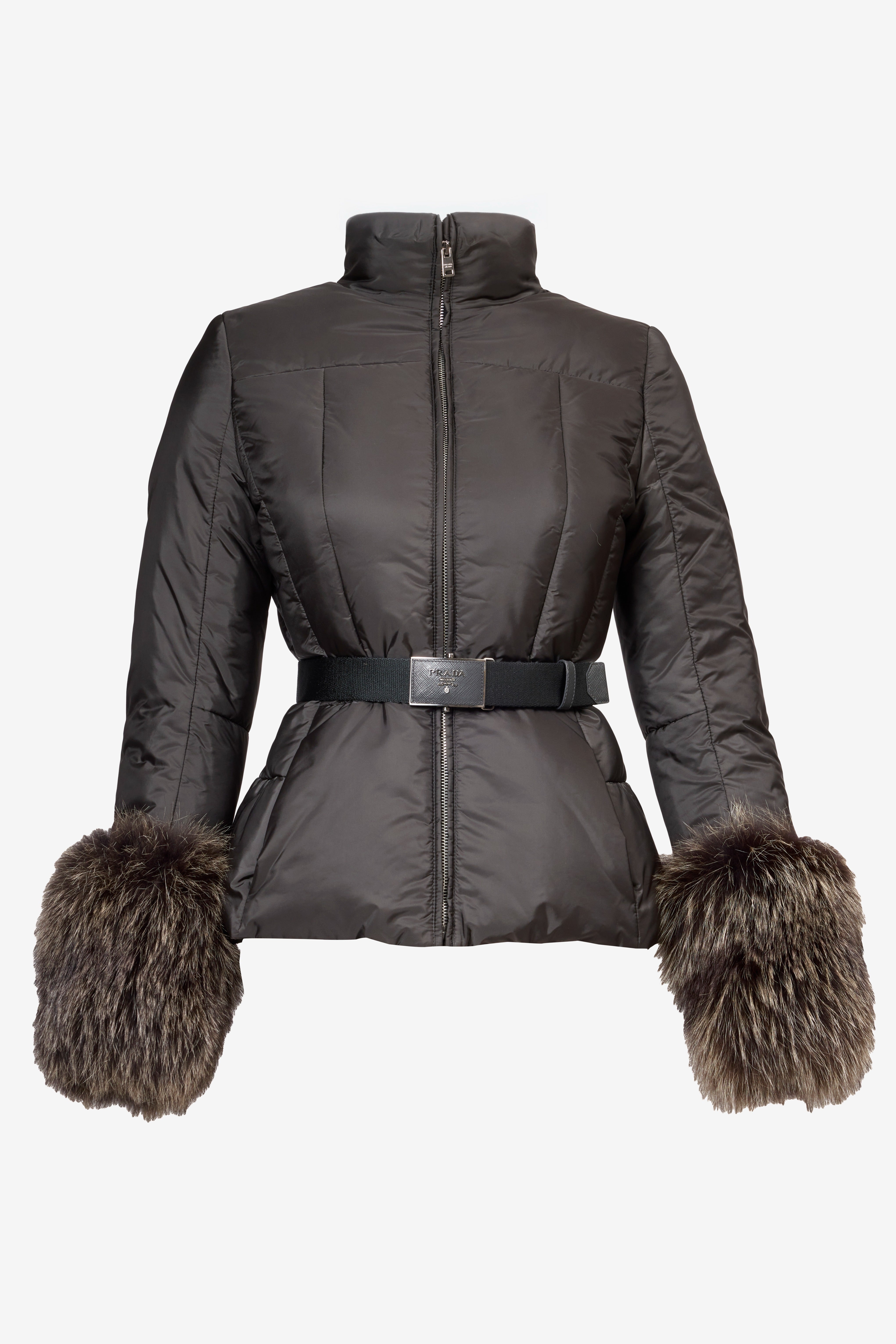 Prada Belted Nylon Down Jacket with Fur Cuffs
