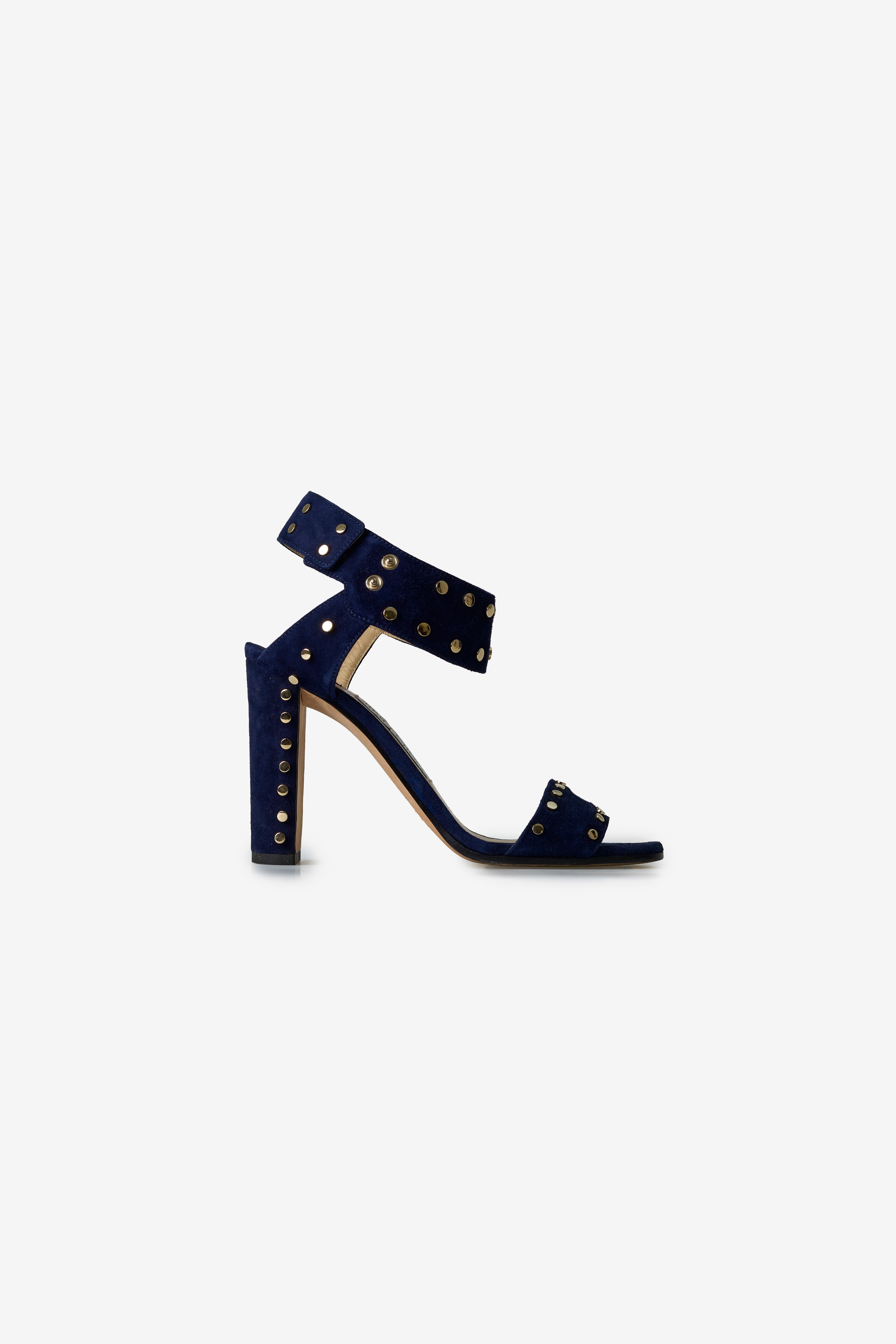 Jimmy Choo 'Veto 100' Navy Suede Sandals With Gold Studs
