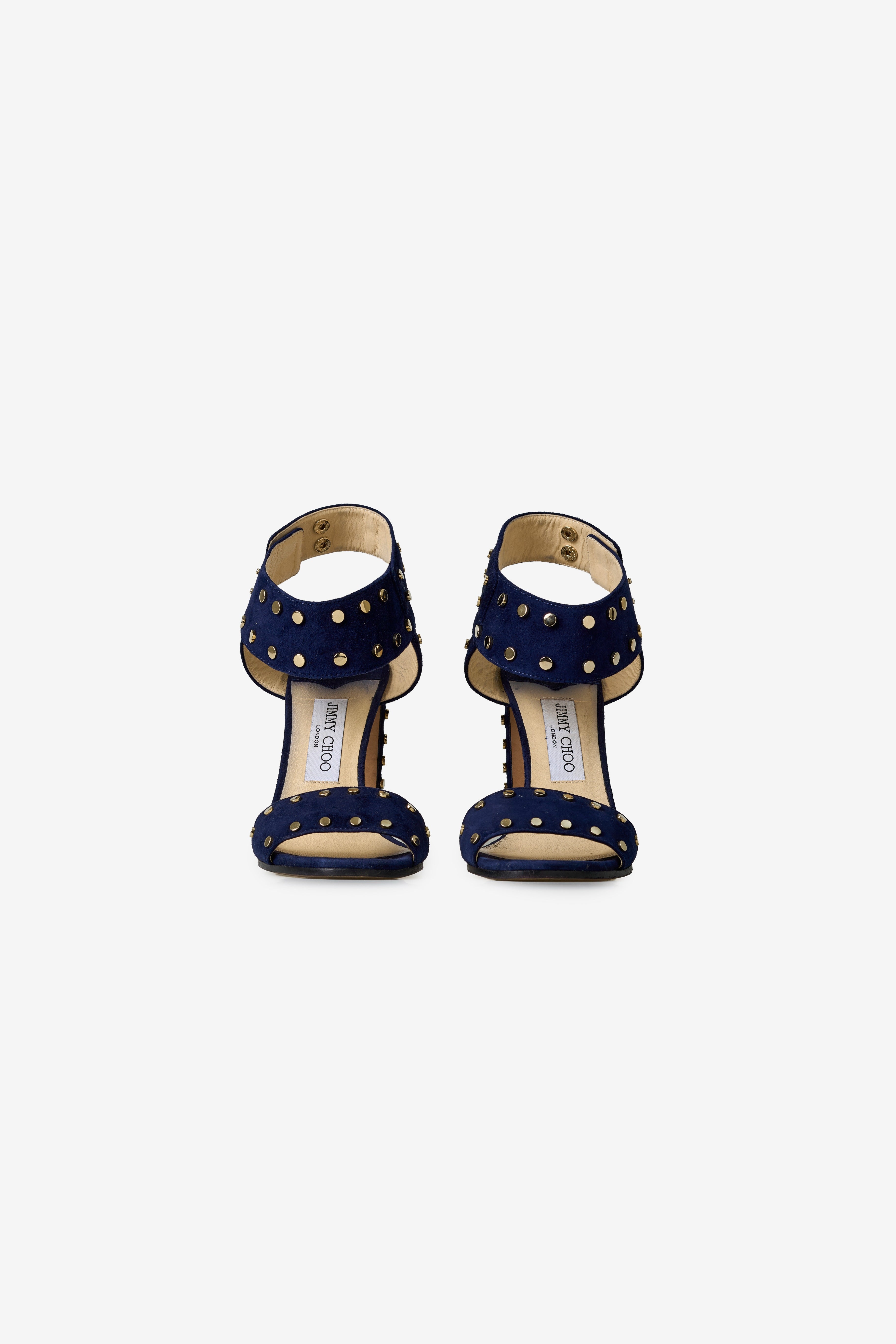 Jimmy Choo 'Veto 100' Navy Suede Sandals With Gold Studs