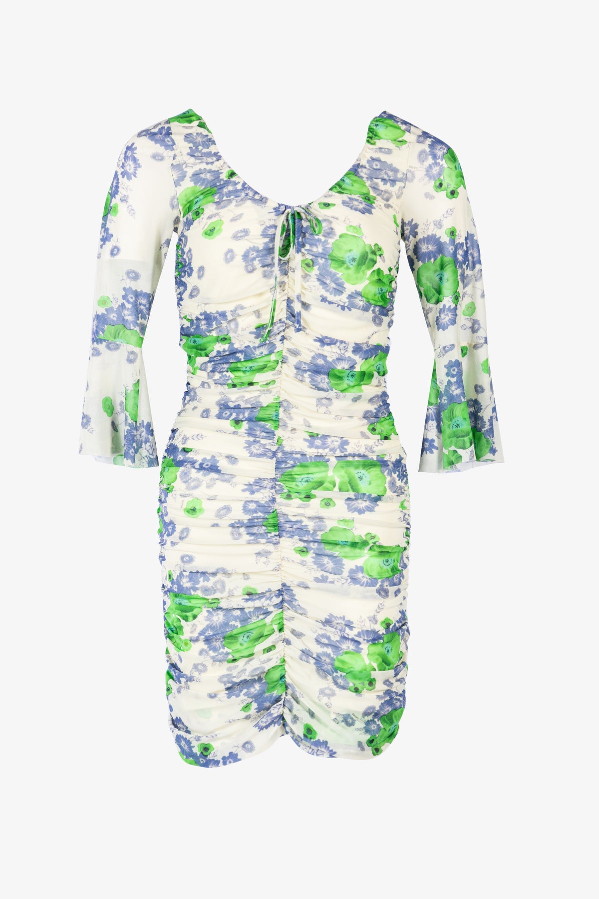 Printed Mesh Ruched Mini Dress