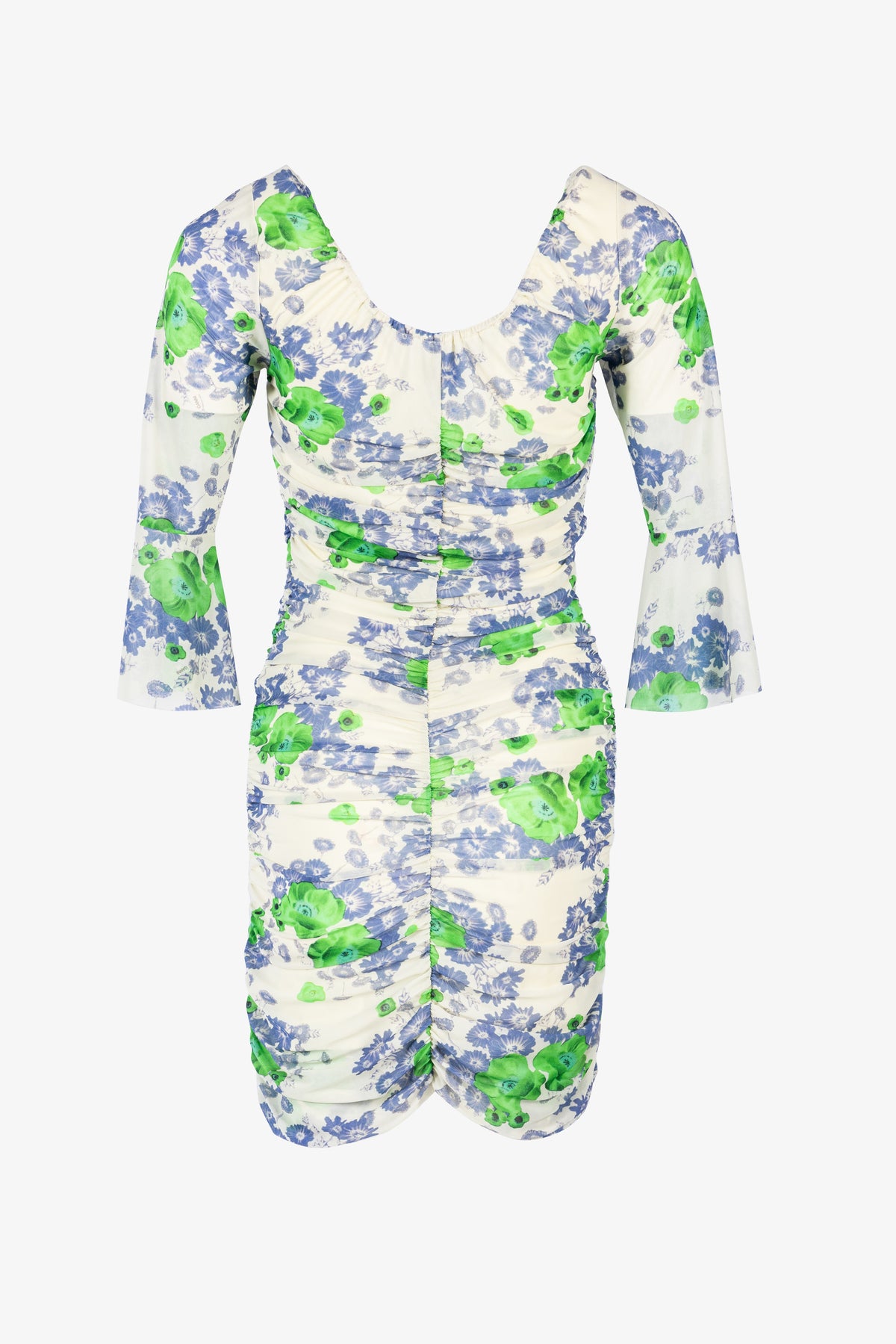 Printed Mesh Ruched Mini Dress