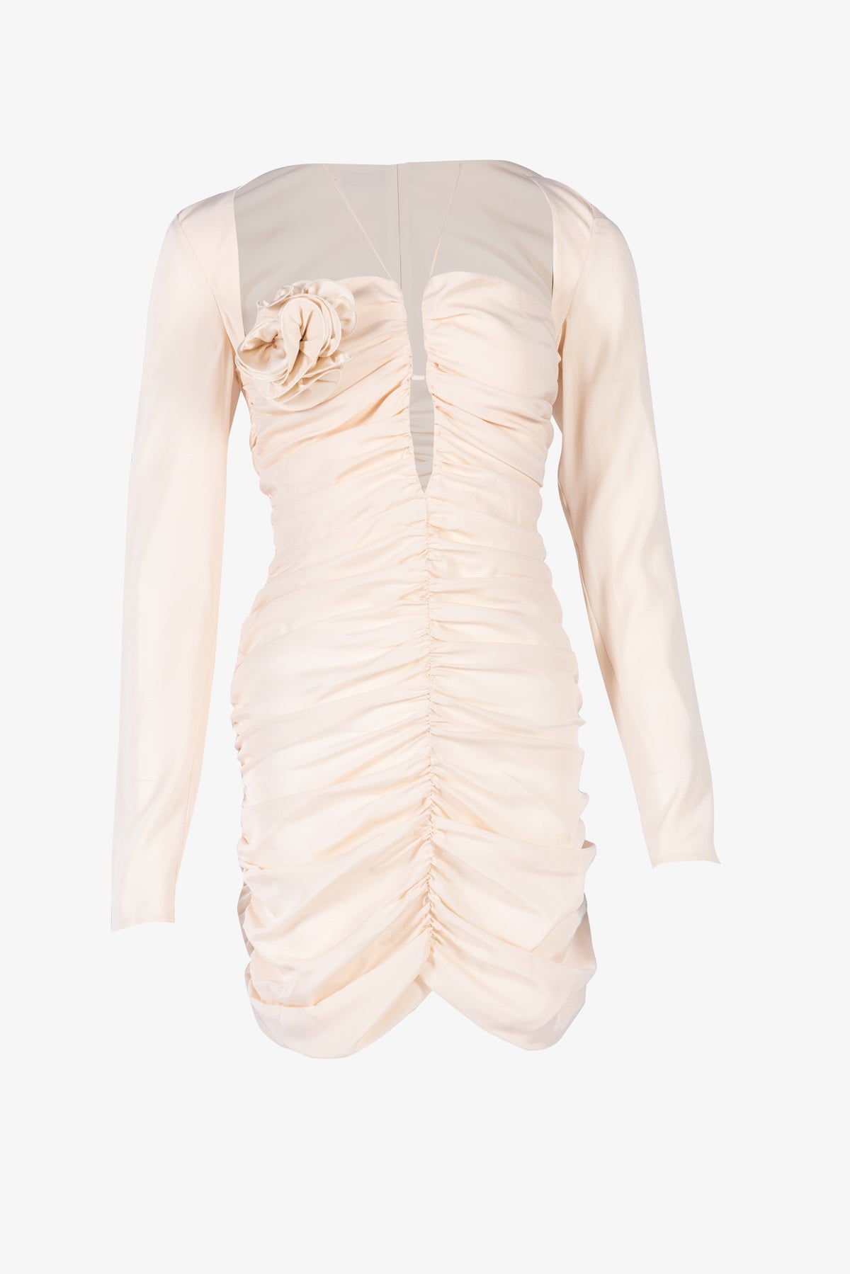 Ruched Silk Mini Dress with Flower Appliqué