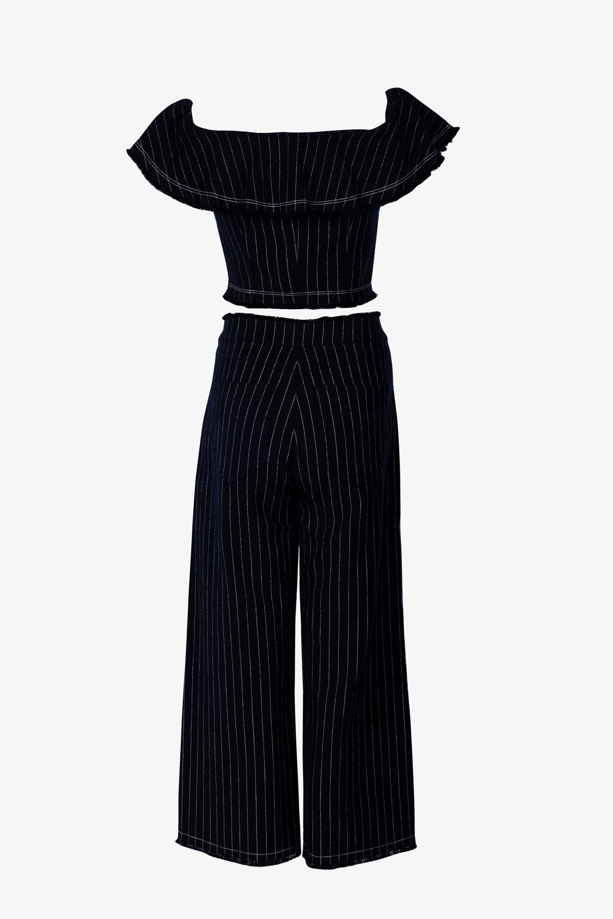 Pinstripe Off-the-Shoulder Crop Top & Wide-Leg Pants Set