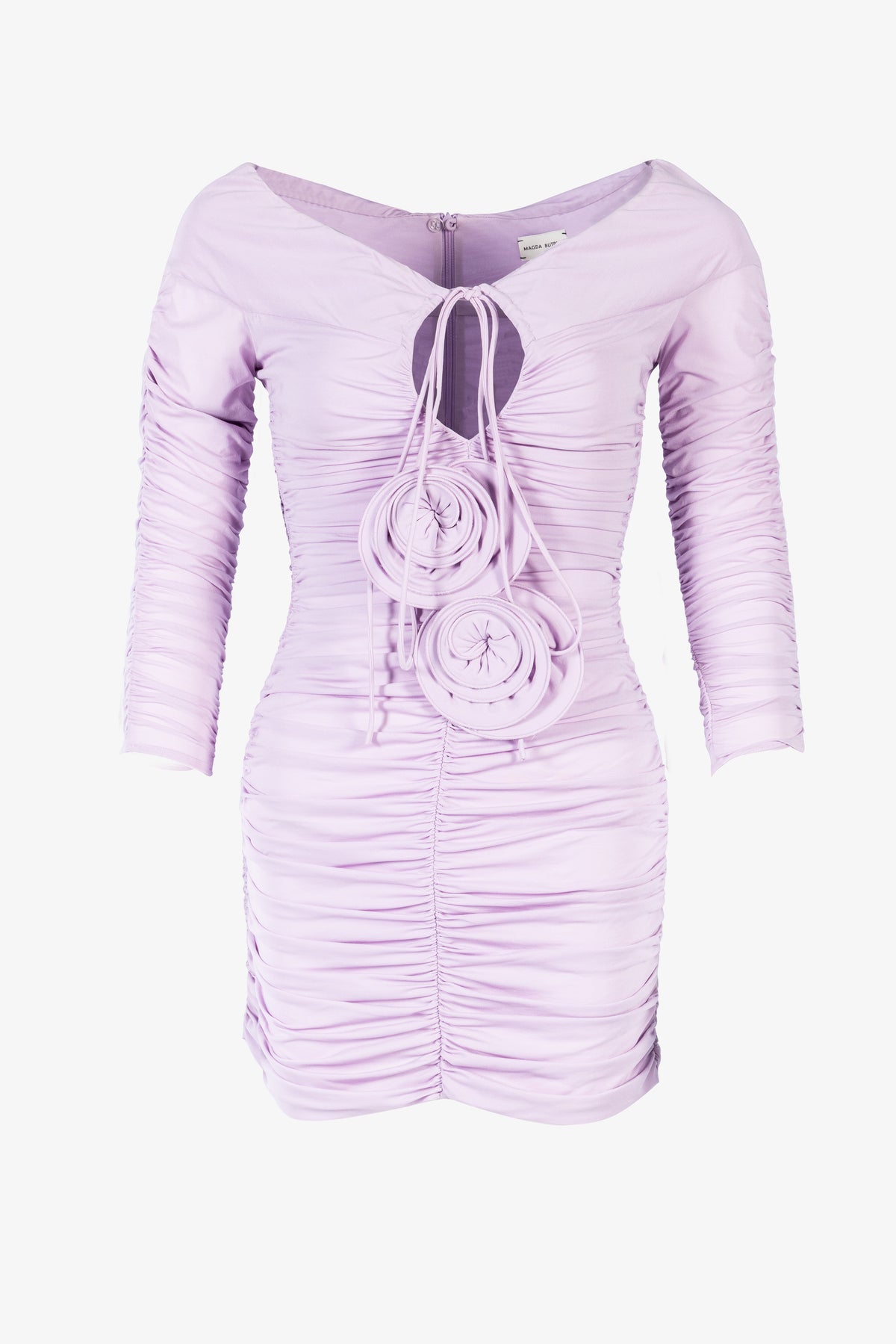 Ruched Off-Shoulder Mini Dress with Flower Appliqués