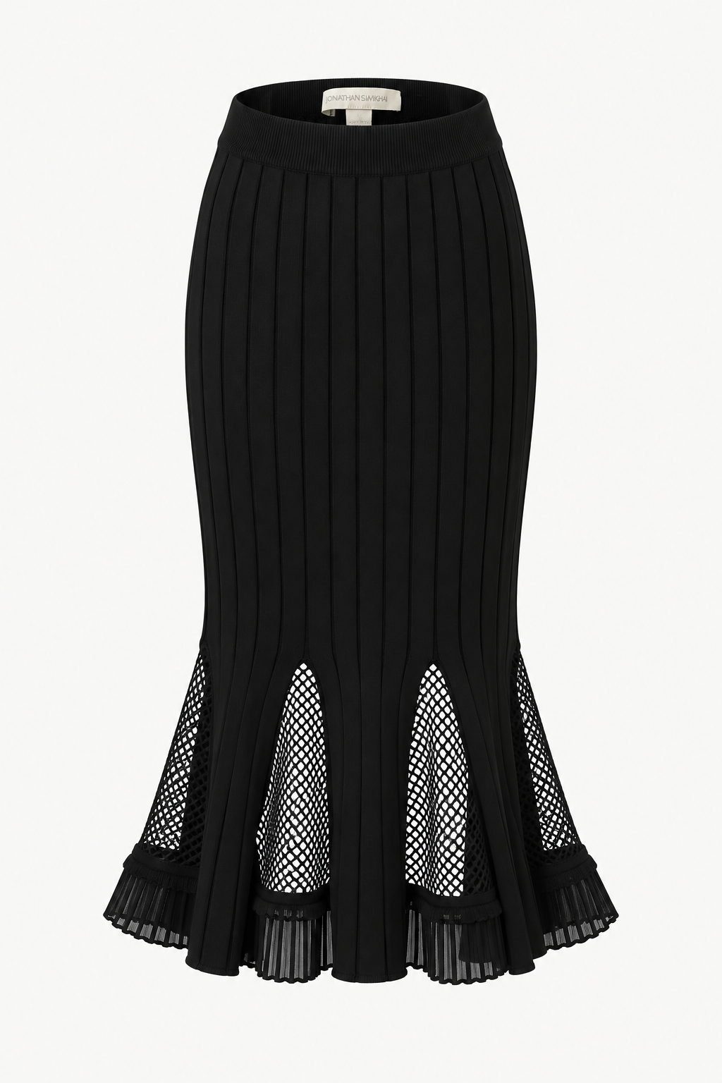Ribbed Knit Mesh-Panel Trumpet Skirt