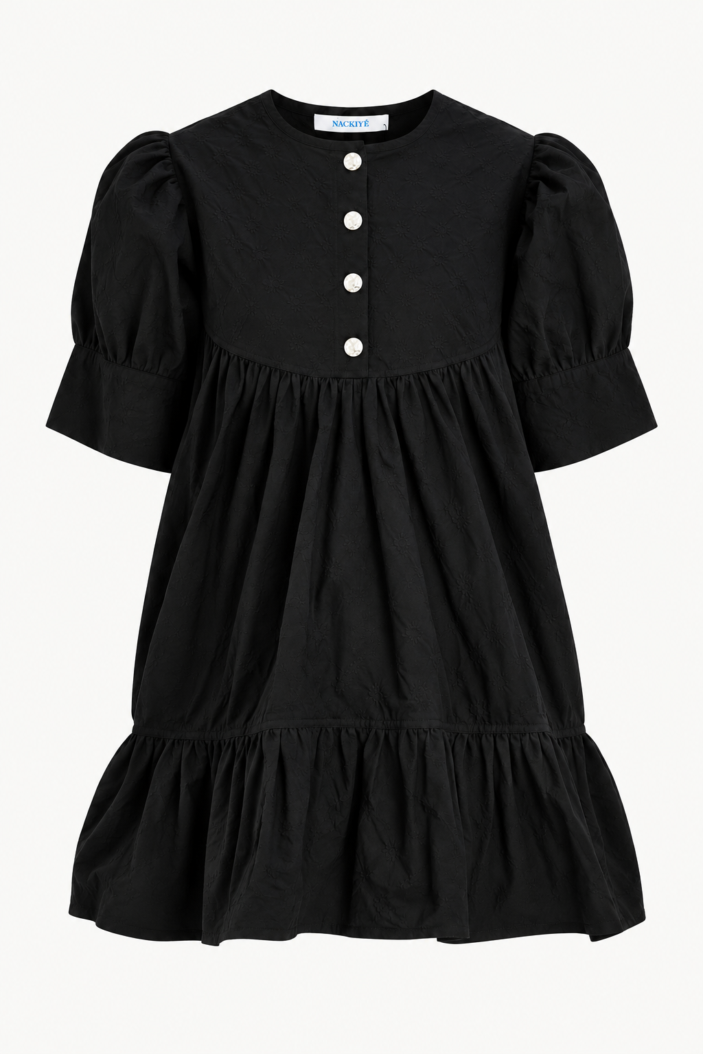 Puff Sleeve Buttoned Jacquard Mini Dress