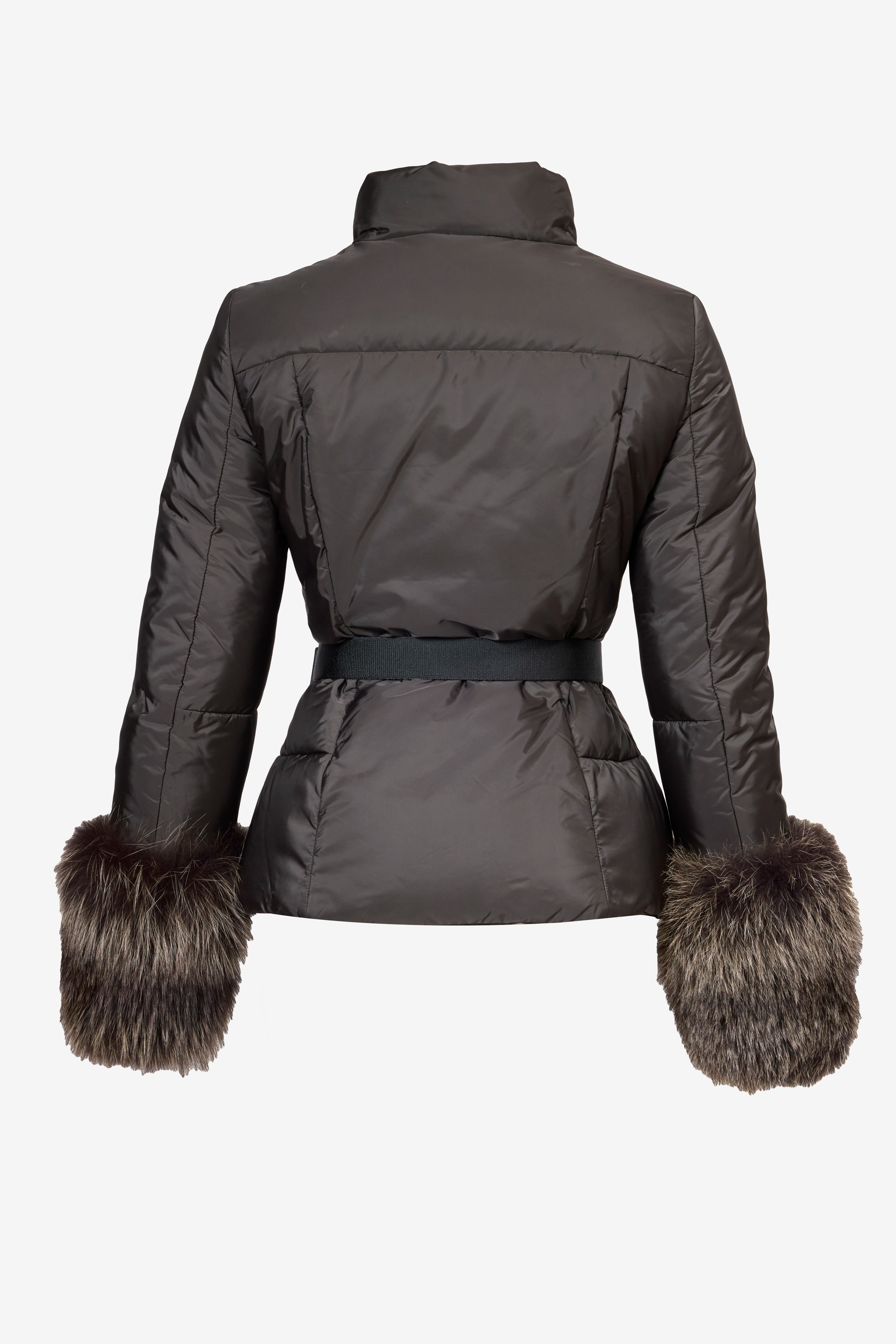 Prada Belted Nylon Down Jacket with Fur Cuffs