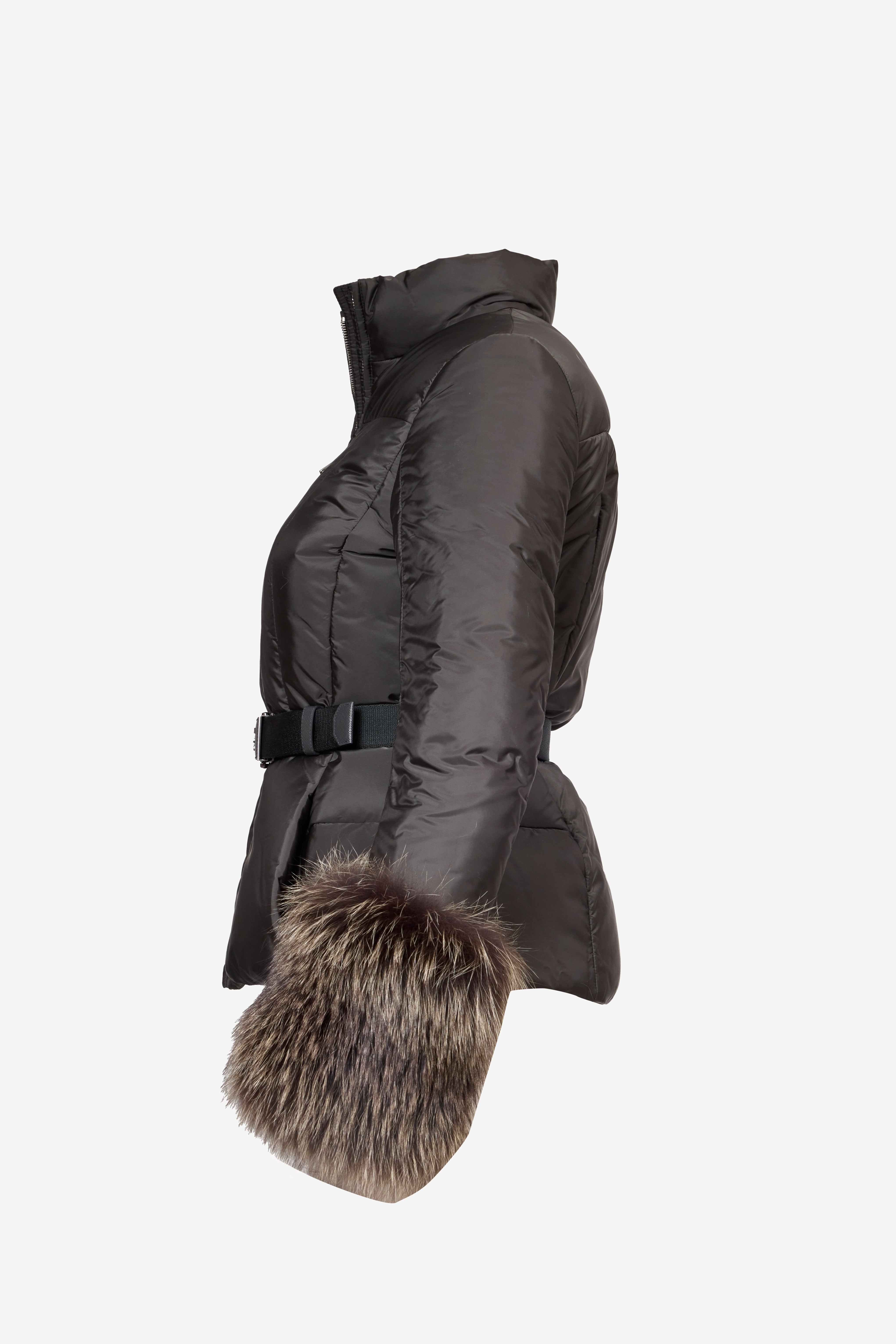 Prada Belted Nylon Down Jacket with Fur Cuffs