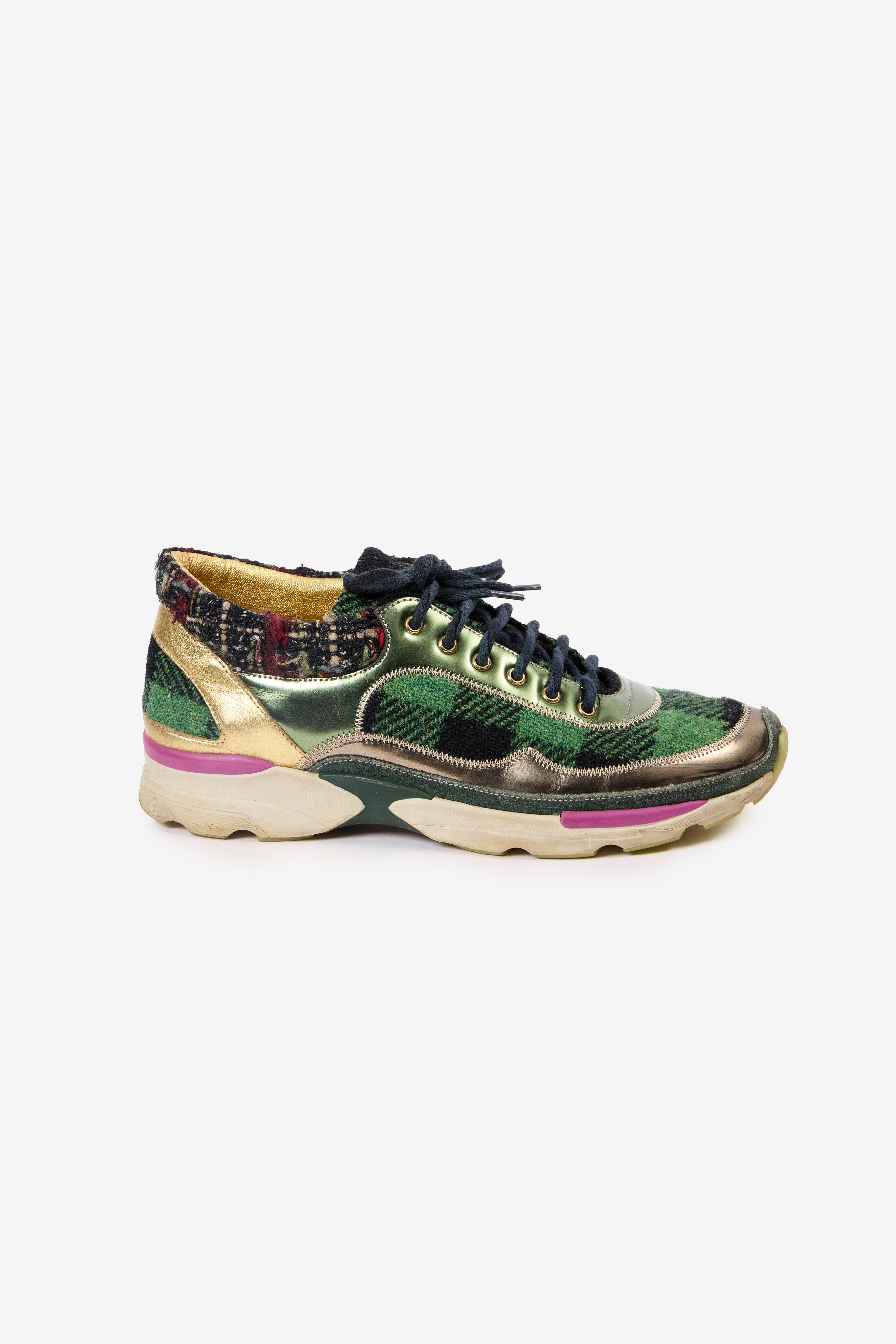 Multicolor Tweed and Leather Sneakers
