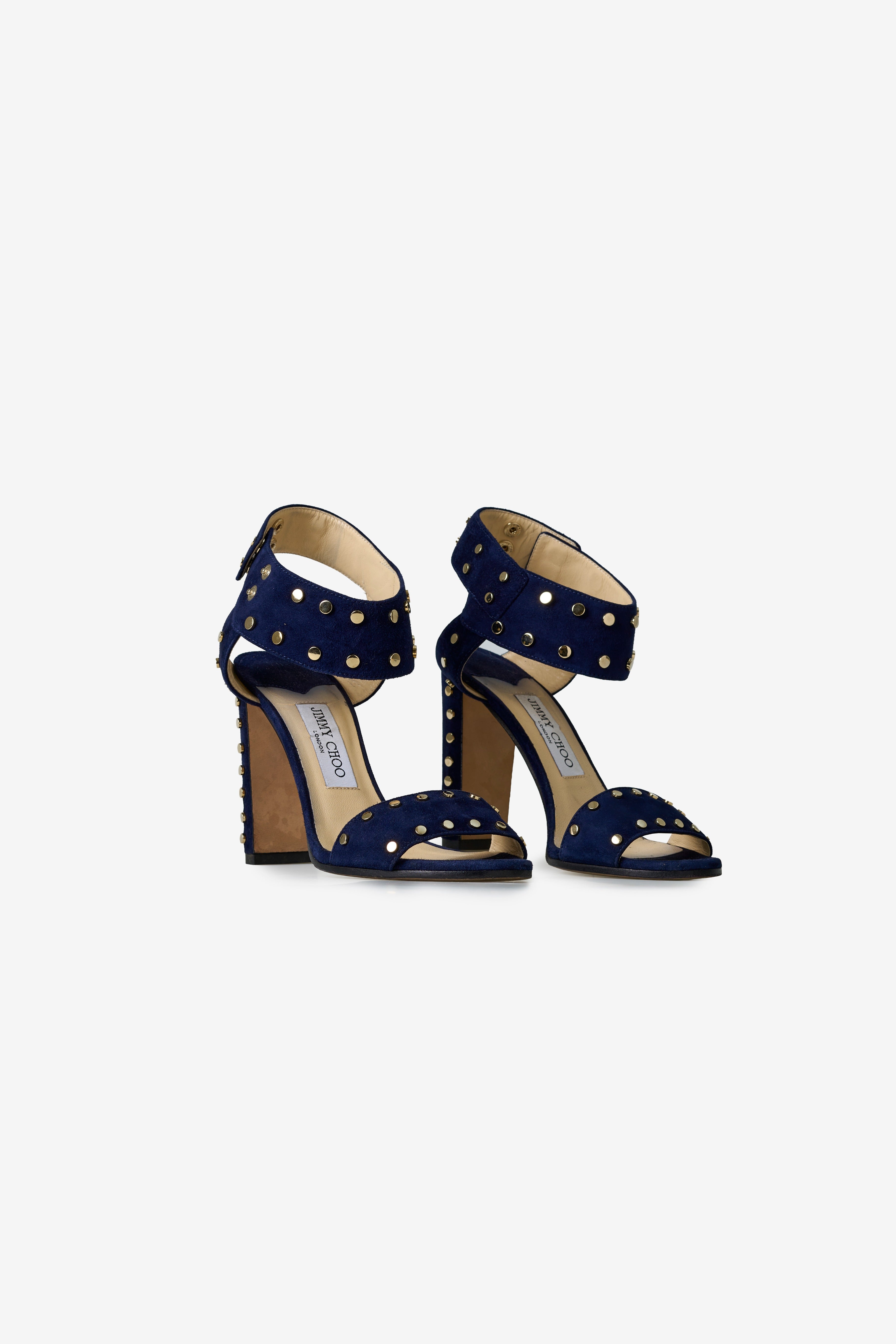 Jimmy Choo 'Veto 100' Navy Suede Sandals With Gold Studs